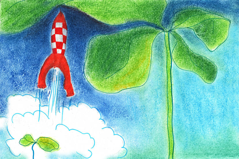 tekening van een opstijgende raket met daarnaast een plant